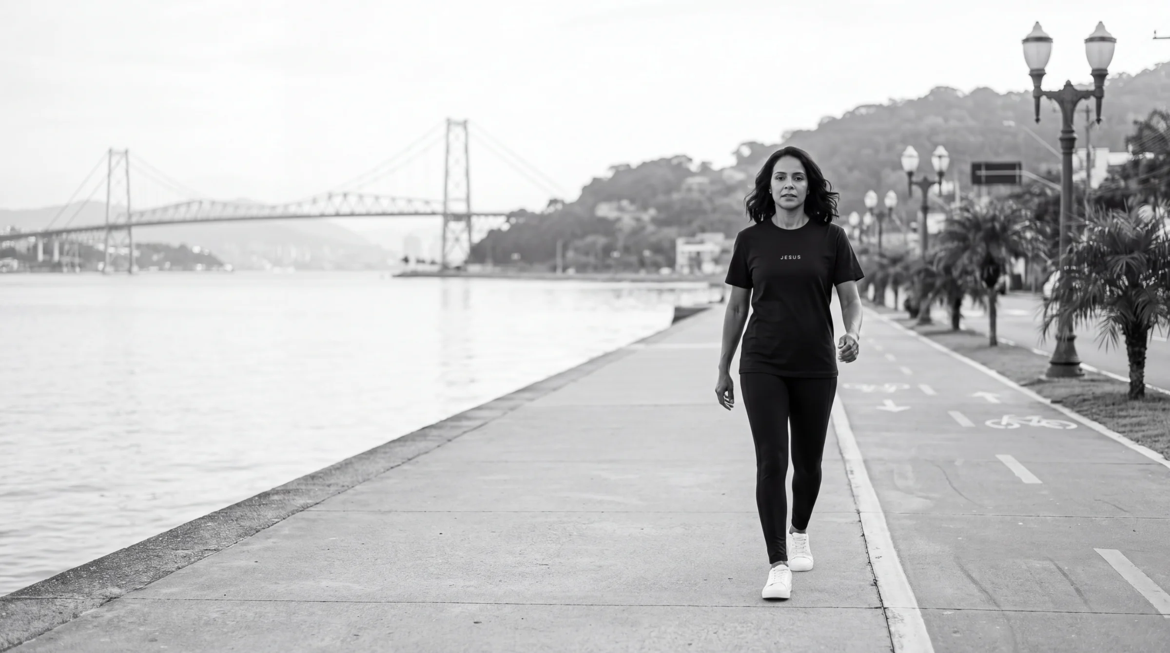 Camila caminhando na Beira-Mar Norte, em Florianópolis, de manhã, camiseta Jesus preta
